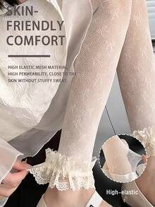 Medias de malla con adorno de encaje y lazo blanco, calcetines cortos elásticos y transpirables de estilo dulce, medias de estilo lolita - Multicolor - Ver 3