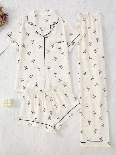 3pcs Women Bubble Crinkle Robe Sleepwear Set, Butterfly Print Lapel Pajamas