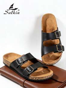 Salkin 经典男士拖鞋，双扣设计，柔软软木鞋底，时尚哑光黑色，方便穿脱，鞋面柔软舒适透气，镂空设计，防滑耐磨鞋底，速干防臭，轻便户外沙滩凉鞋，大码 - 黑色 - 查看 9