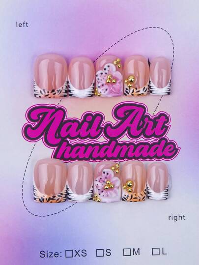 10片方形手工美甲贴片，Y2K 酷炫风格，裸色和棕色，法式贴片搭配豹纹图案，适合女性和女孩，闪亮美甲，适合派对、婚礼、日常佩戴，包含美甲工具，是送给女士的绝佳礼物。