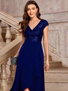 EVERPRETTY Elegant Navy Blue V-Neck Sequin Bodycon Mini-To-Midi Formal Dress, Suitable For Evening Gala Or Wedding Guest Spring Party - Navy Blue - View 1