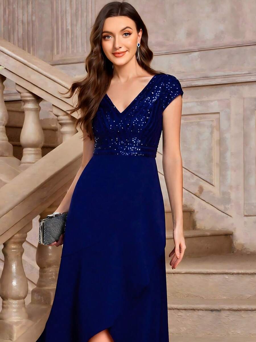 EVERPRETTY Elegant Navy Blue V-Neck Sequin Bodycon Mini-To-Midi Formal Dress, Suitable For Evening Gala Or Wedding Guest Spring Party - Navy Blue - View 1