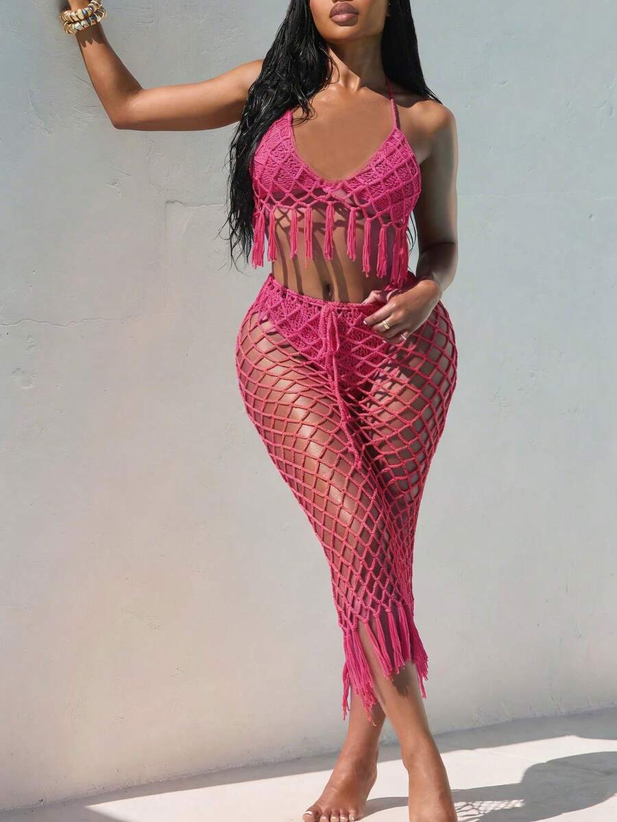 Swimwear Women's Crochet 2-Piece Beach Cover Up Set | Halter Fringe Crop Top & Net Midi Skirt Design, Ideal For Beach, Vacation, Pool Party & Summer Outings - 玫紅色 - 查看 1
