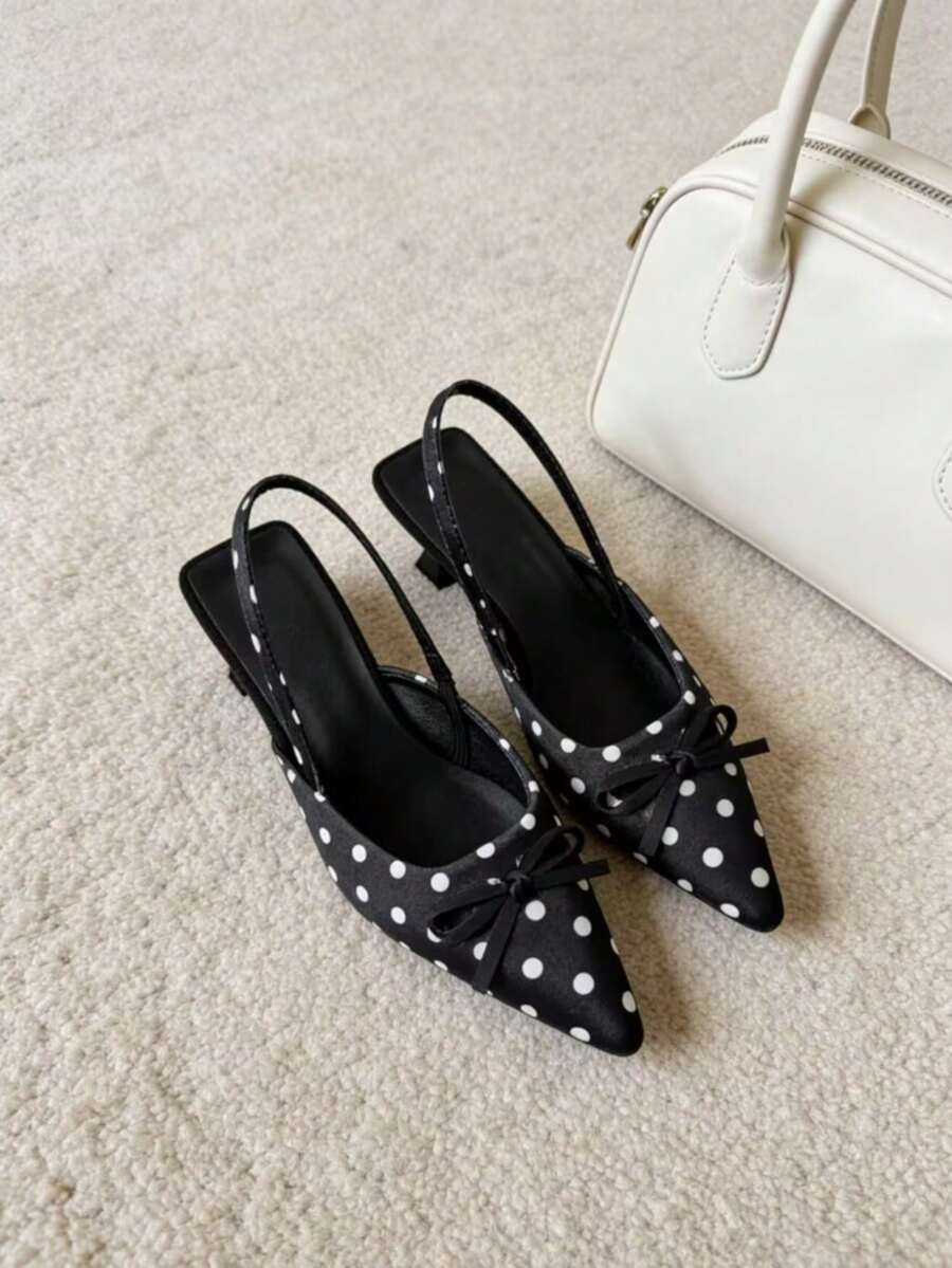 女士尖头波点露跟猫跟鞋，别致复古设计，适合办公室通勤和晚间外出，精致蝴蝶结细节，搭配中长连衣裙和修身套装，轻松打造巴黎风情。 - 黑色 - 查看 1