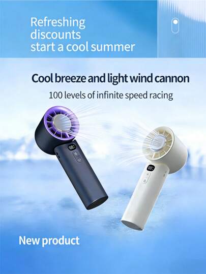 全新100档高速手持风扇，便携式可充电迷你手持风扇。配备冰凉空调风扇、Type-C快充接口和3000mAh大容量电池，续航时间更长，风力更强劲。静音电机，告别发热和噪音。内置LED电量和风速显示屏，电量和风速清晰可见。90度可折叠，小巧便携，可手持或放置于桌面，适合家庭、办公室和户外使用。