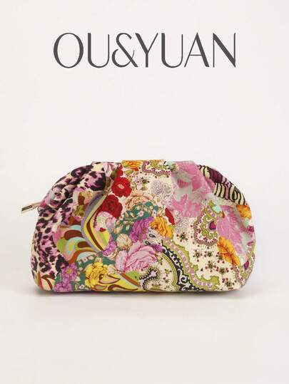 1件新款彩色花朵拼接手拿包，波西米亚豹纹云朵包，夏季沙滩度假包，适合日常休闲、度假、约会、购物、工作和其他各种场合。