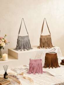1pc Autumn/Winter Retro Bohemian Style Tassel Square Handbag, Casual Minimalist, Can Be Worn As Shoulder Or Crossbody Bag, Versatile Style Suitable For Leisure, Travel And Party - Tassel Crossbody Bag 4 - View 2
