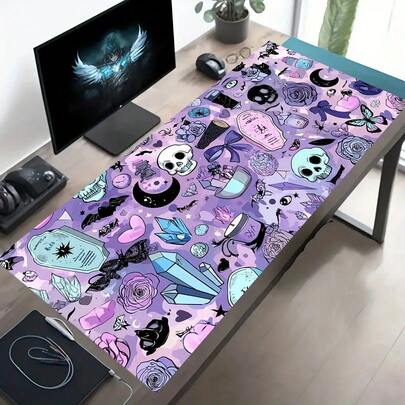 Large Non-Slip Rubber Desk Mat Featuring A Gothic Kawaii Design With A Skull, Rose, And Butterfly, Perfect For PC Gamers And Suitable For Office Or Dorm Decoration, Washable And Odorless