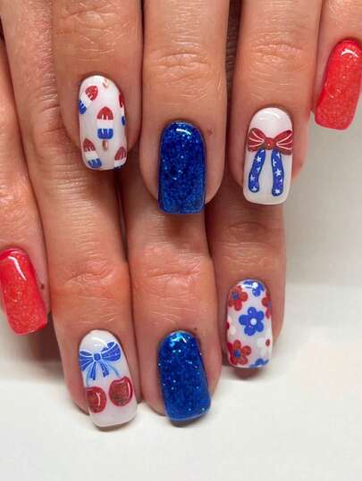 24pcs Square Press On Fake Nails Colorful Medium Long Nail Colorful Flower And Bowknot Acrylic French Fake Nails Memorial Day Nails