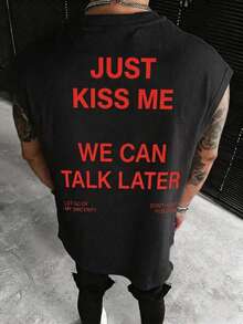 男士夏季休闲派对健身无袖背心，宽肩带，背面印有“Just We Can Talk Later”字样，红色 - 黑色 - 查看 3
