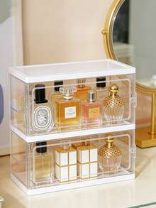 1pc White Frame Acrylic Perfume Display Cabinet | Stackable Makeup Organizer Box Suitable For Bathroom Vanity,Back To School,Bedroom Room Decor,Back To School - View 1