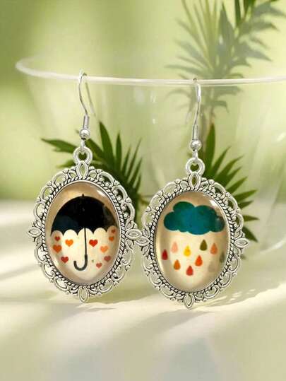 充满奇思妙想的雨天耳环 - 心形雨伞和彩色雨云浮雕耳环，维多利亚风格艺术珠宝