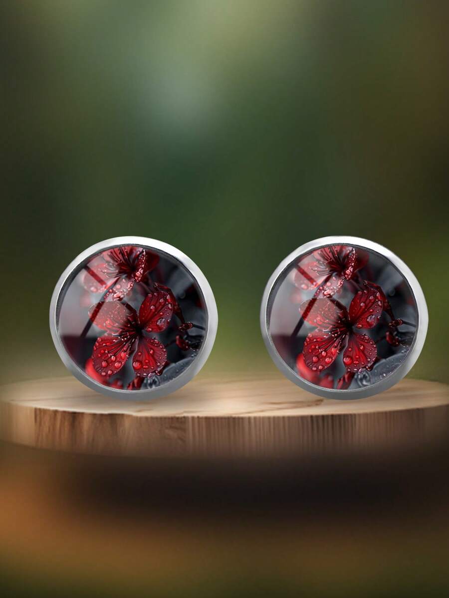 1 Pair Elegant Floral Pattern 316 Stainless Steel Round Stud Earrings, Minimalist Style Suitable For Women's Daily Wear And Gift, Graceful And Simple Jewelry Earrings Suitable For Women's Daily And Holiday Wear - Red - View 1