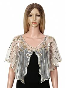 1pc Summer Lightweight Sequin Lace Shrug, Thin Beaded Shawl For Evening Gown - Multicolor - View 10