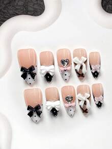 10件套女孩风手工美甲套装，包含凝胶美甲套装、3D黑色蝴蝶结、白色蝴蝶结、闪亮爱心、粉色迷你蝴蝶结美甲装饰、手绘黑白圆点、黑色条纹、爆炸银色猫眼效果美甲配件 - 彩色 - 查看 12
