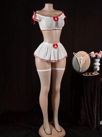 4-Piece Nurse Costume Set: Includes 1 Off-The-Shoulder Mini Dress, 1 Tutu Skirt, 1 Pair Of Stockings, And Sexy Lingerie