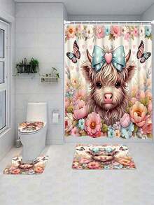 4件套花园奶牛图案浴室浴帘套装，1套，浴室3件套 - 多色 - 查看 8