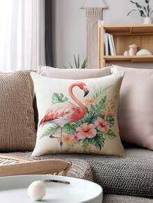 4pcs Vintage Linen-Feel Palm Leaf & Flamingo Pattern Decorative Pillow Covers, Hidden Zipper, Machine Washable, Home Decor Throw Pillow Covers For Sofa, Living Room, Bedroom, No Pillow Insert - Multicolor - View 7