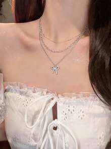 New Arrival Multi-Layer Rhinestone Bow Tie Choker Necklace For Women, Luxury Minimalist Delicate Necklace - Silver - View 3