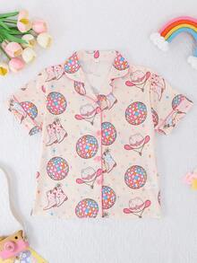 2 pezzi/Set Pigiama da ragazza con stivali western casual e cappello, cardigan a maniche corte con colletto alla coreana e pantaloncini, ignifugo, adatto per tutte le stagioni - Albicocca - Visualizzare 4