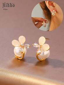 Hihho 一对花朵珍珠锆石耳钉，搭配猫眼石吊坠，柔美空灵，通勤风格 - 珍珠花朵耳環 - 查看 1