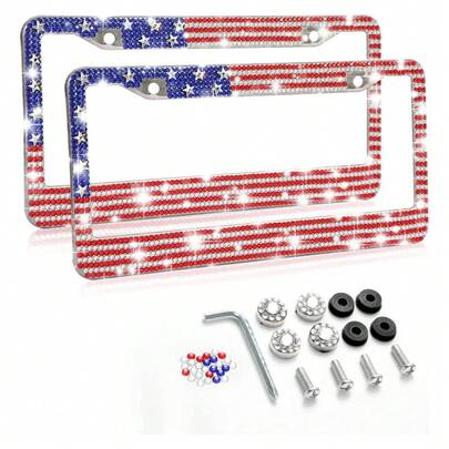 Easypie Selection Bộ 2 khung biển số xe lấp lấp lánh, kèm nhãn dán biển số xe lấp lánh đính đá pha lê. Họa tiết cờ Mỹ.