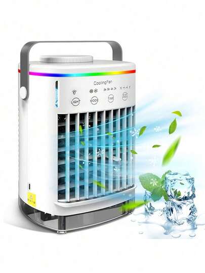 Ventilador de aire acondicionado portátil, 4 velocidades de viento, tanque de agua de 700ml, temporizador de 2-8h, 2 modos de niebla y 7 colores de luz nocturna, enfriador de aire evaporativo de aire acondicionado personal para dormitorio/escritorio/habitación/mesa