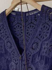 JIANHU Petite Bohemian Style Crochet Knit Blouse - Romantic Floral And Geometric Lace Cover-Up, Suitable For Vacation And Daily Wear, Lightweight V-Neck Button Style - Navy Blue - View 2