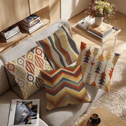 4pcs Brown-Gray Geometric Throw Pillow Covers, Abstract Design - Ideal For Living Room Decor, Wabi-Sabi Style Cushion Covers, Fits Sofa, Patio, Porch, Living Room - Inserts Not Included