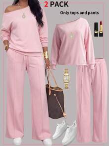 Autumn Fashion Women's 2 Pieces Set: Semi-Cold Shoulder Long Sleeve Solid Color Top With Cinched Waist Long Pants - Baby Pink - View 5