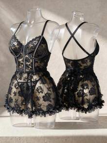 Women's Black Lace Sexy Lingerie Set With Floral Sheer Mesh Deep V Neck And Cross Back Adjustable Straps For Romantic Nights - 黑色 - 查看 2