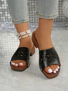 Women's Niche Round Toe Open Toe Slippers, Strap Rivet High Heel Slides - Black - View 5