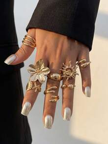 Set de 8 anillos apilables chapados en oro con diseño bohemio de girasol, concha y estrella de mar, joyería personalizada exagerada, estética Y2K, adecuado como regalo de vacaciones, novia o - Dorado - Ver 2