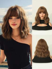 7JHH WIGS Peluca corta ondulada de color marrón con flequillo para mujeres, 12 pulgadas de longitud, peluca corta rizada natural y sintética resistente al calor, accesorios de pelucas para uso diario, cosplay, festivales de música y fiestas - Marrón - Ver 2