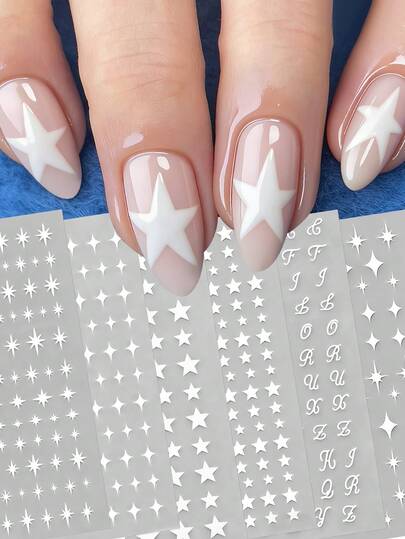 6 piezas de pegatinas de uñas con diseño de estrella pentagonal blanca de diferentes tamaños en estilo Y2K, adecuadas para uso diario, bodas y festivales de mujeres, decoración de uñas autoadhesiva
