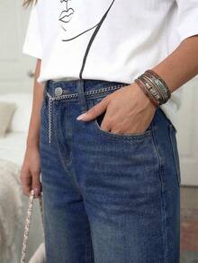 女士休闲日常通勤时尚宽松阔腿牛仔裤 - 寶藍色 - 查看 3