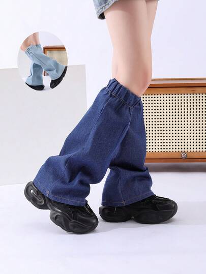 1 par de calentadores de piernas de mezclilla multicolor personalizados para mujer, diseño de unicolor, calentadores de piernas estilo JK, calentadores de piernas cálidos, estilo minimalista adecuado para salidas de primavera/otoño, citas, fiestas de otoño/invierno