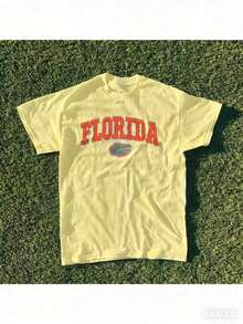 Vintage Florida State Gators Graphic Crew Neck T-Shirt, 2026 Summer Breathable Cotton Short Sleeve White Casual Top, All Sizes - 黃色 - 查看 1