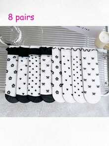 4/8双装黑色爱心图案中筒袜，可爱蝴蝶结透明蕾丝边玻璃丝过膝袜，洛丽塔黑白蕾丝边玻璃丝中筒袜，夏季薄款透气过膝袜，玻璃丝爱心网状蕾丝边 - 彩色 - 查看 12