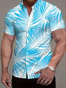 Blue Tropical Palm Leaf Pattern Symbolizes Relaxation Freedom And Summer Freshness Inspired By Coastal Breezes 3D Printed Short Sleeve Casual Button Down Shirt For Men Beach Resort Wear - 白色 - 查看 3