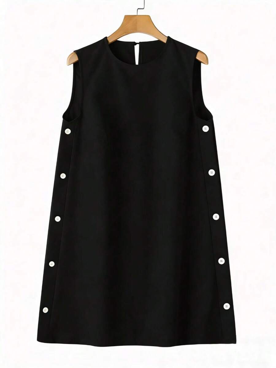 Women's Casual Side Button Sleeveless Mini Dress, Summer Black Elegant - Black - View 1