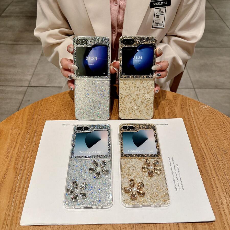 1 pieza Funda de teléfono con diseño DIY y brillo doble cara, compatible con Samsung Flip5, Flip6 y