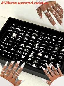 22/45 piezas Conjunto de accesorios de joyería versátil para mujer con mariposas y hojas elegantes, minimalistas y con perlas falsas y rhinestones en color plata, ideal como regalo para fiestas - Conjunto de anillo de aleación para mujer - Ver 7