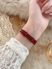 1 buah Jam Tangan Quartz Minimalis Persegi Panjang Wanita dengan Tali Hitam/Cokelat/Hijau - Merah - View 6
