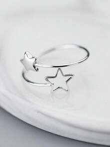 HuooNew 1pc 925 Sterling Silver Hollow Star Ring, Suitable For Wearing On Index Finger, Suitable For Party And Daily Wear, Women Jewelry, Star Design - Silver - View 2