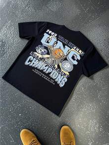 Camiseta de algodón 100%, de peso pesado de 180 gramos con tema de baloncesto, impresa con las palabras "Campeones del Campeonato UNC Tar Heels 1993", cómoda de llevar - Negro - Ver 3