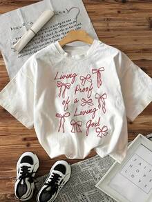 Living Proof Of A Loving God T-Shirt With Ribbon Print, Short Sleeves And Crew Neck - White - View 11