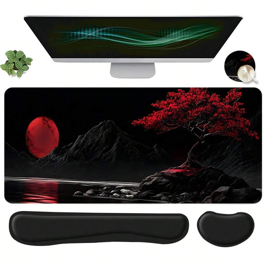 4 pezzi Set di tappetini da mouse da gioco con design di paesaggio con luna rossa e albero cremisi, include poggiapolsi per tastiera, poggiapolsi ergonomico per mouse e sottobicchiere per scrivania, grande tappetino da scrivania con supporto per i polsi, ideale per ufficio domestico, gaming e decorazione da scrivania - Visualizzare 1