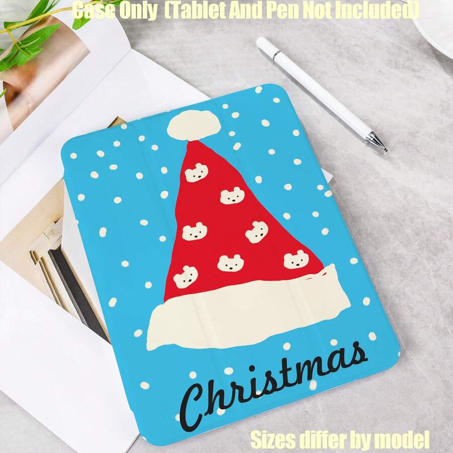 Funda para tableta con rotación de 360°, con ranura para lápiz, elementos navideños. Características de la funda protectora para tableta: Rotación de 360°, activación/suspensión inteligente, protección de Body completo, bisel amigable con la piel, soporte de varios ángulos, parte posterior de acrílico transparente, ranura integrada para lápiz, recortes precisos, ligero y portátil. Compatible con iPad: Mini6/7 | 2017-2021/10/11 | Air1/2/3/4/5/6/7 | Pro 10.5/11/12.9/13 pulgadas todos los modelos. - Gorro de Navidad con diseño de oso - Ver 1