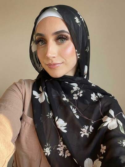 1pc Floral Printed Chiffon Lightweight Rectangular Scarf, Suitable For Muslim Hijab, Practical For All Seasons,Beach,Holiday